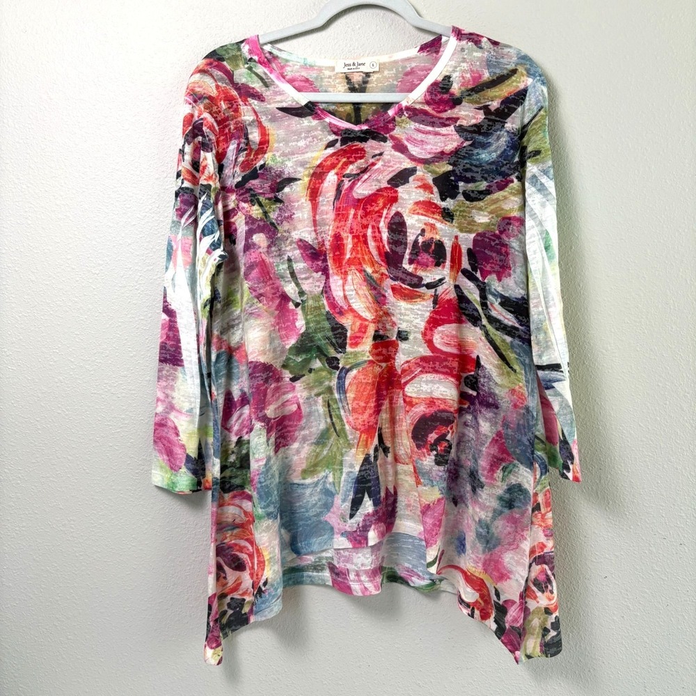 Jess & Jane Tunic Top Size L Multi Floral 3/4 Sleeve Art To Wear Semi Sheer